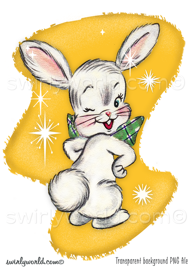 A cute white kitschy bunny rabbit winking, wearing in a green plaid bowtie This mod vintage 1950s style bunny image is set against a mid-century modern abstract shaped mustard yellow boomerang background with atomic white starbursts .