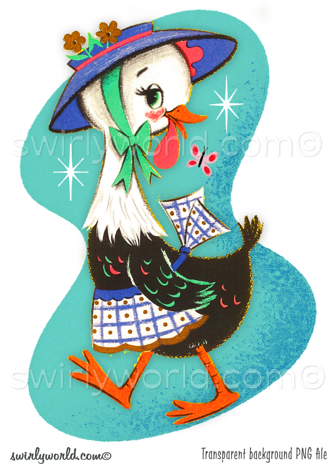 Mother Goose in Easter bonnet with pink butterfly set against a mid-century modern shaped background in teal blue with white atomic starbursts. 