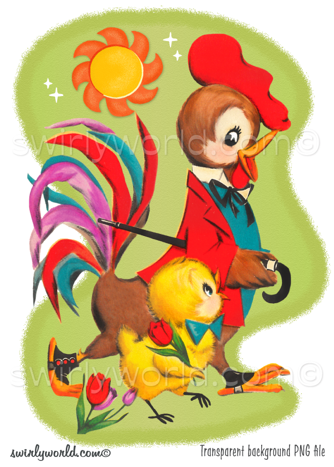 Mr. Rooster with baby chick walking in the garden on Easter Sunday, set against a mid-century modern shaped background in pea green with white atomic starbursts and a vintage style sun.