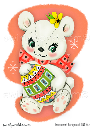 Cute vintage style white teddy bear holding a dyed painted Easter egg, set against a powder pink mid-century modern shape with white atomic starbursts.