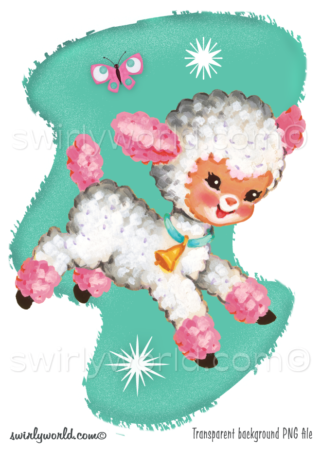 A cute white kitschy baby white and pink lamb wearing a brass bell. This mod vintage 1950s style nursery rhyme lamb image is set against a mid-century modern abstract shaped teal blue boomerang background with atomic white starbursts .