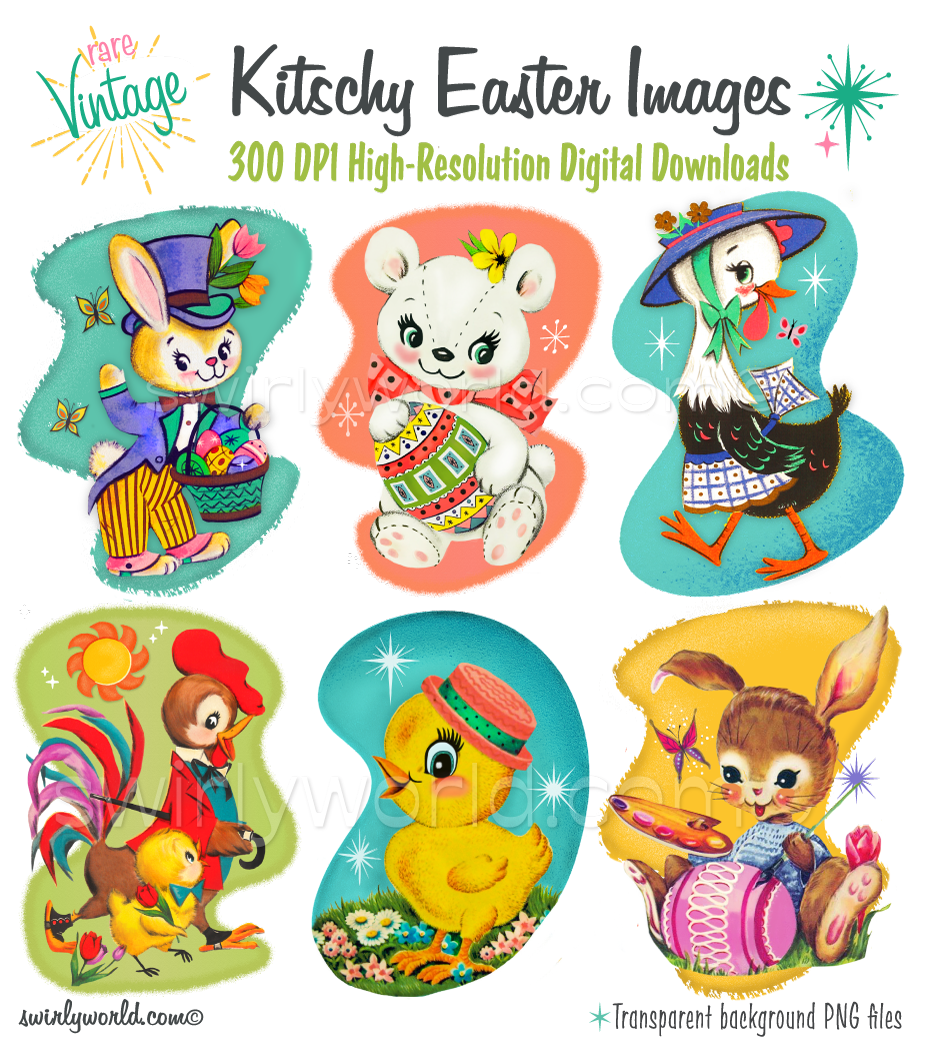A collection of vintage Easter illustrations from the 1950s and 1960s that feature bunnies, rabbits, roosters, baby chicks, ducks, a goose, and kitschy white bear; set against mid-century modern geometric shapes with atomic starbursts in classic MCM colors.