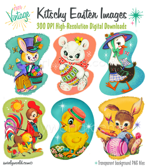 A collection of vintage Easter illustrations from the 1950s and 1960s that feature bunnies, rabbits, roosters, baby chicks, ducks, a goose, and kitschy white bear; set against mid-century modern geometric shapes with atomic starbursts in classic MCM colors.