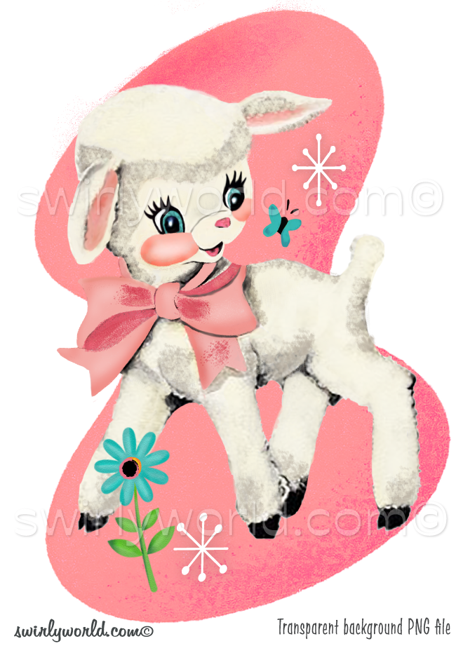 A rare collection of digital downloadable images that are Spring and Easter themed, featuring vintage 1950s mid-century mod looking white bunny rabbits and sweet, nursery rhyme white baby lambs with pink and blue satin ribbons. 