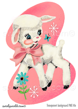 A charming white baby lamb with blg blue eyes with long lashes, wearing a big pink satin like bow. The little vintage lamb is set against a mid-century modern abstract shaped pink boomerang background with atomic white starbursts.