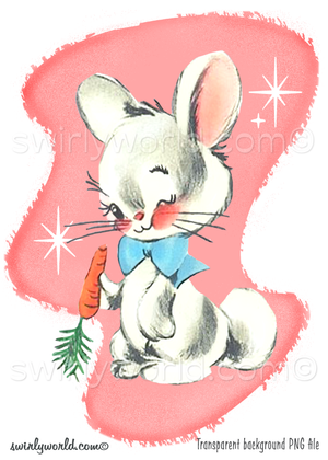 A cute white kitschy bunny rabbit winking his eye, in a big blue satin bow eating a carrot. This mod vintage 1950s style bunny image is set against a mid-century modern abstract shaped pink boomerang background with atomic white starbursts .
