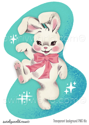 A cute white kitschy bunny rabbit with big eyes, in a pink satin bow dancing. This mod vintage 1950s style bunny image is set against a mid-century modern abstract shaped teal blue boomerang background with atomic white starbursts .