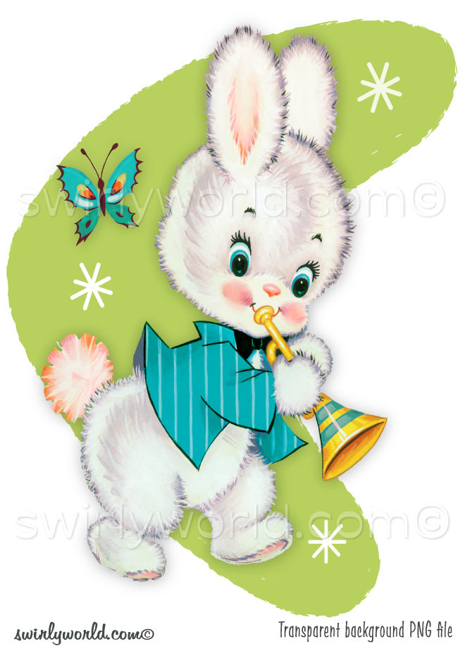 A cute white kitschy bunny rabbit with big blue eyes, in a blue suit shirt playing a horn. The little vintage 1950s style bunny image is set against a mid-century modern abstract shaped green boomerang background with atomic white starbursts and a fluttering blue butterfly.