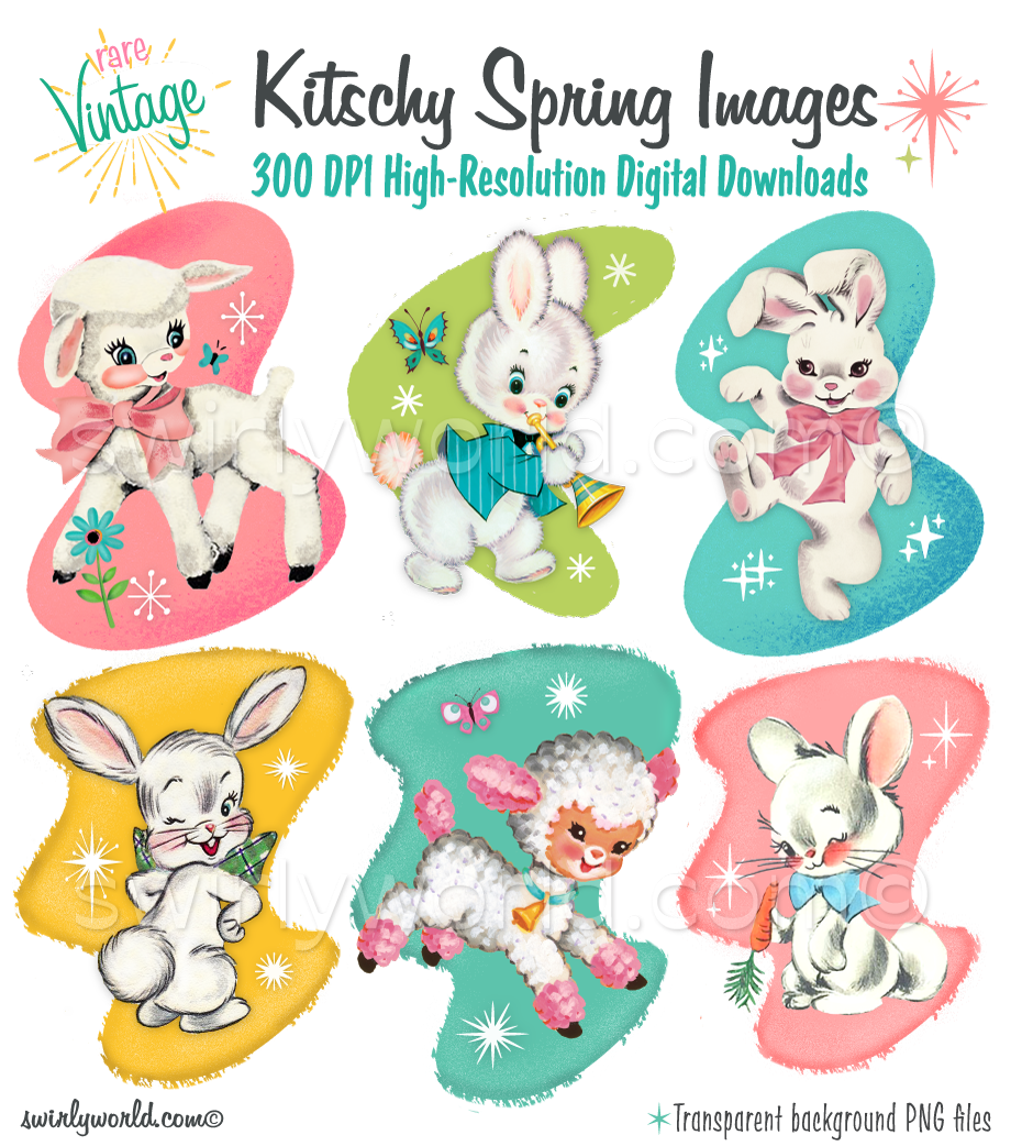 A rare collection of digital downloadable images that are Spring and Easter themed, featuring vintage 1950s mid-century mod looking white bunny rabbits and sweet, nursery rhyme white baby lambs with pink and blue satin ribbons. 