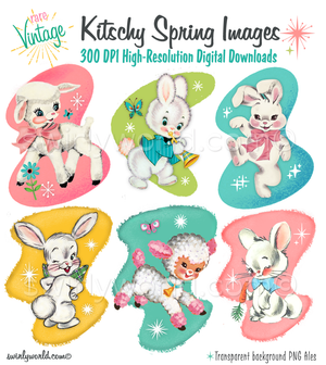 A rare collection of digital downloadable images that are Spring and Easter themed, featuring vintage 1950s mid-century mod looking white bunny rabbits and sweet, nursery rhyme white baby lambs with pink and blue satin ribbons. 