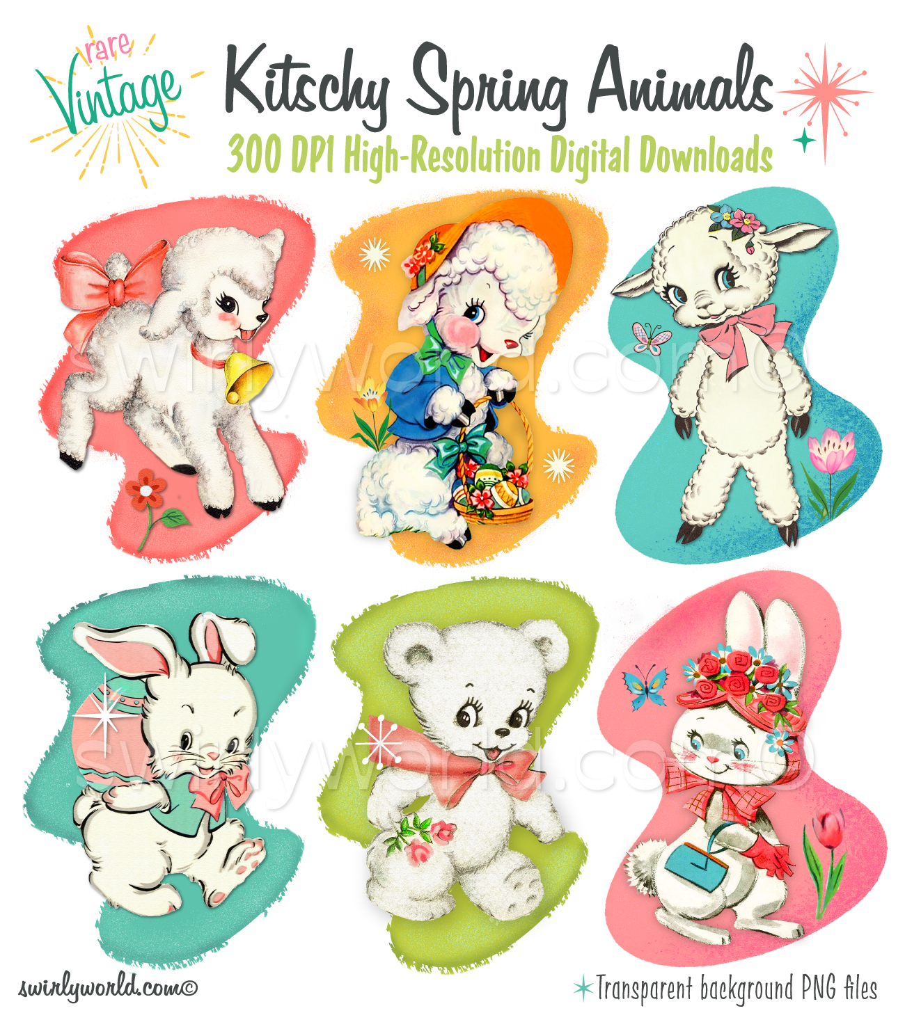 1940s-1950s vintage mid-century style retro Spring Easter Bunny Rabbit and Lamb illustrations, ephemera, clip art.