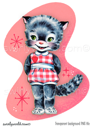 Rare 1950s vintage, retro mid-century modern kitschy kitty cat with pink retro gingham jumpsuit with MCM geometric backgrounds and shapes with pink atomic starbursts.