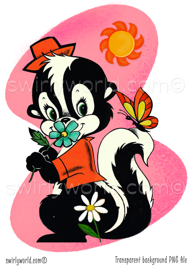 Cartoon skunk holding flowers and a butterfly on a pink background