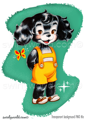Rare 1950s vintage, retro mid-century modern kitschy dog dressed in human clothes with MCM geometric backgrounds and shapes with atomic starbursts.