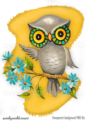 Rare 1950s vintage, retro mid-century modern kitschy mod owl perched on a tree branch with blue flowers set against a MCM geometric shaped yellow background.