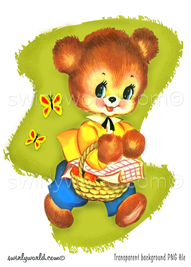 Rare image of kitschy bear dressed in clothes, carrying a basket of goodies set against a retro mid-century style green shaped background with mod mcm style butterflies.