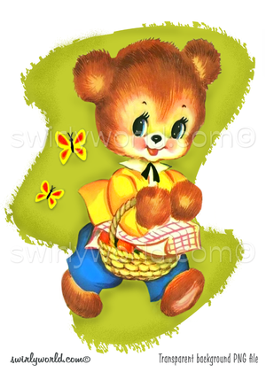 Rare image of kitschy bear dressed in clothes, carrying a basket of goodies set against a retro mid-century style green shaped background with mod mcm style butterflies.