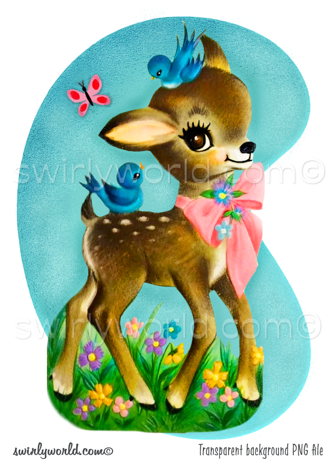 Rare image of kitschy baby doe deer with a pink satin ribbon tied around neck with cute little blue birds, set against a retro mid-century style blue colored kidney bean shaped background with mcm butterfly and flowers.
