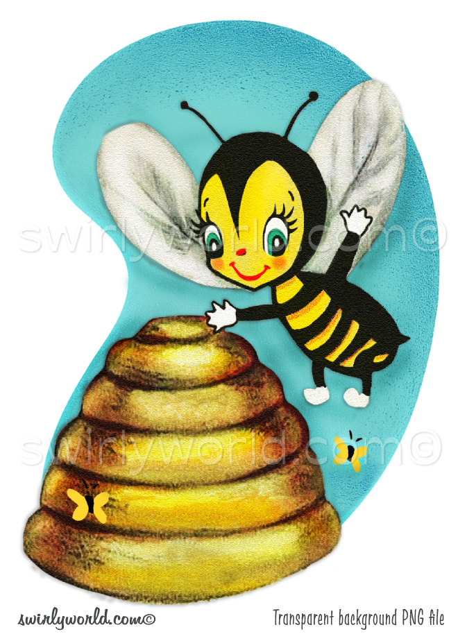 Rare image of kitschy bumble bee flying over a beehive, set against a retro mid-century style aqua blue colored kidney bean shaped background with mcm style yellow butterflies.

