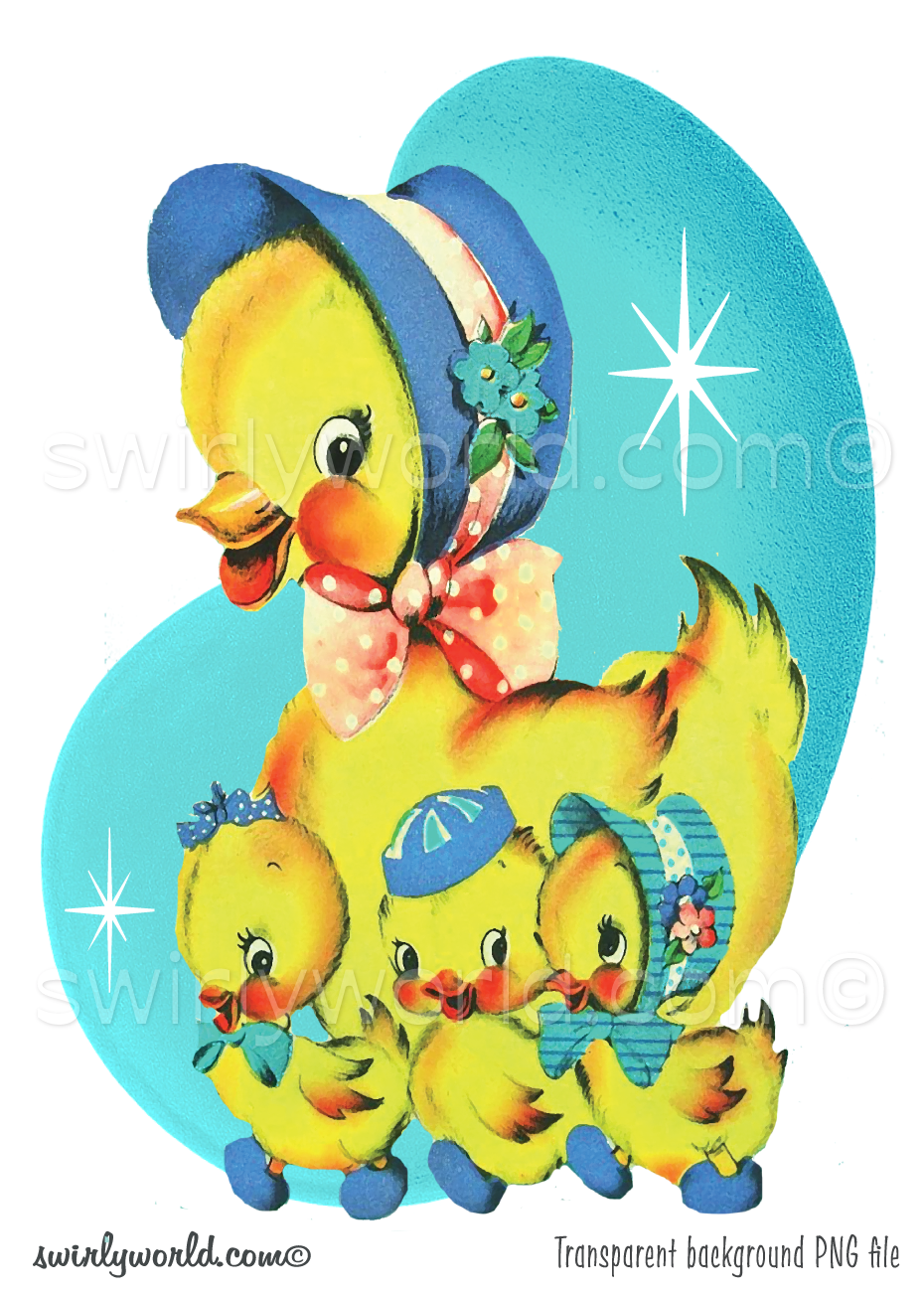 Illustration of a retro, vintage 1950s mid-century kitschy mother duck in blue bonnet with baby ducklings against a mcm blue background with atomic starbursts.