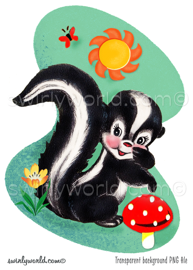 Rare image of kitschy little skunk with a mushroom toadstool and butterfly with sun and yellow flower, set against a retro mid-century style aqua blue green colored mcm shape background.