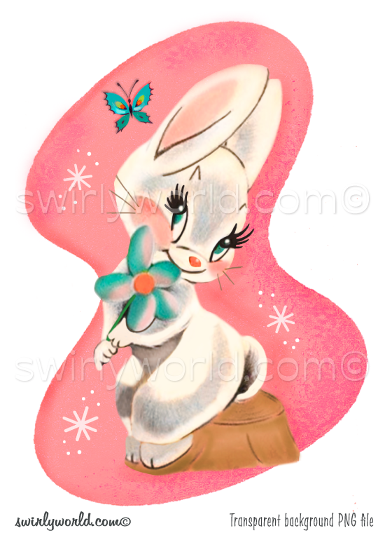 Rare image of kitschy white female bunny rabbit in the forest sitting on a tree stumpy holding a flower with butterfly fluttering, set against a retro mid-century style pink colored shape background with atomic starbursts.