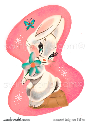 Rare image of kitschy white female bunny rabbit in the forest sitting on a tree stumpy holding a flower with butterfly fluttering, set against a retro mid-century style pink colored shape background with atomic starbursts.