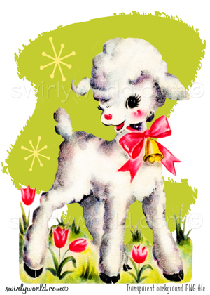 Illustration of a retro, vintage 1950s mid-century kitschy white baby lamb with a pink bow and bell tied around neck with atomic starbursts and a boomerang geometric shaped background.