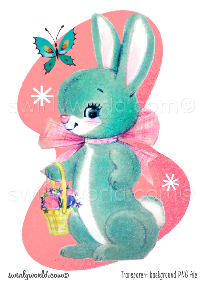 Illustration of a retro, vintage 1950s mid-century kitschy pink and blue bunny rabbit holding a basket of easter eggs with atomic starbursts and a boomerang geometric shaped background.