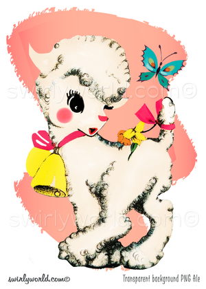 Illustration of a retro, vintage 1950s mid-century kitschy pink white lamb with butterfly against an atomic boomerang geometric shaped background.