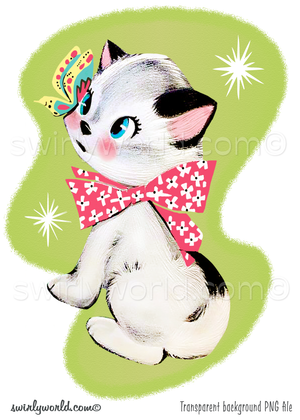 Illustration of a retro, vintage 1950s mid-century kitschy white kitty cat with butterfly on its nose against a boomerang geometric shaped background with atomic starbursts.

