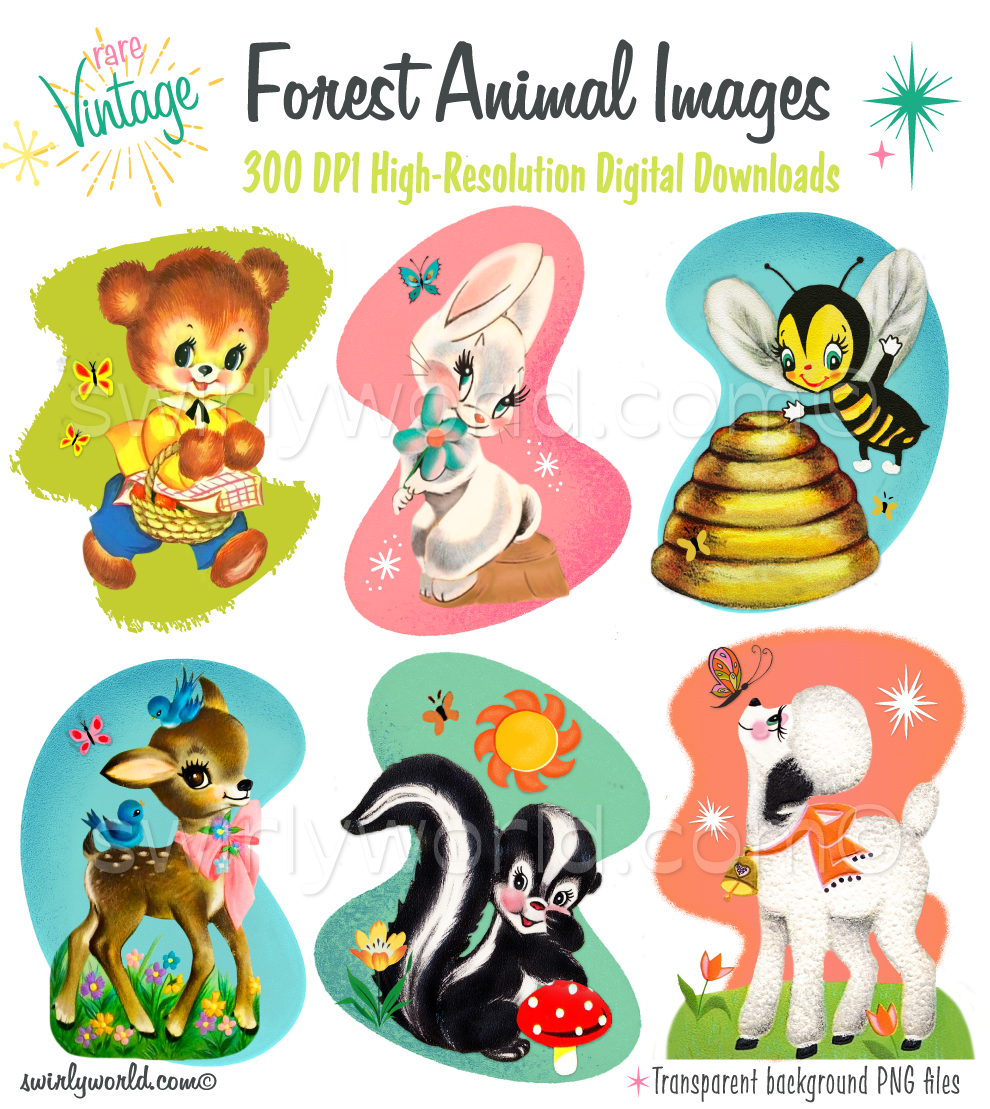 Rare collection of mid-century modern forest animal digital images - including a kitschy bear, white bunny rabbit, bumble bee, doe deer, skunk, and baby white lamb. These illustrations are set against mcm style atomic shaped backgrounds with elements like starbursts, flowers, and butterflies. 