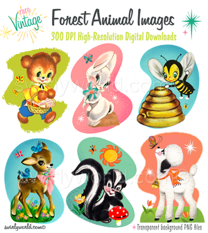 Rare collection of mid-century modern forest animal digital images - including a kitschy bear, white bunny rabbit, bumble bee, doe deer, skunk, and baby white lamb. These illustrations are set against mcm style atomic shaped backgrounds with elements like starbursts, flowers, and butterflies. 