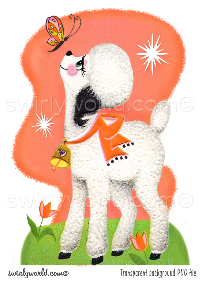 Rare image of kitschy white baby lamb with pink bow tied around neck looking up at a beautiful butterfly, set against a retro mid-century style peachy pink colored shape background with grass and pink tulip flowers.
