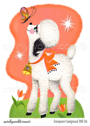 Rare image of kitschy white baby lamb with pink bow tied around neck looking up at a beautiful butterfly, set against a retro mid-century style peachy pink colored shape background with grass and pink tulip flowers.
