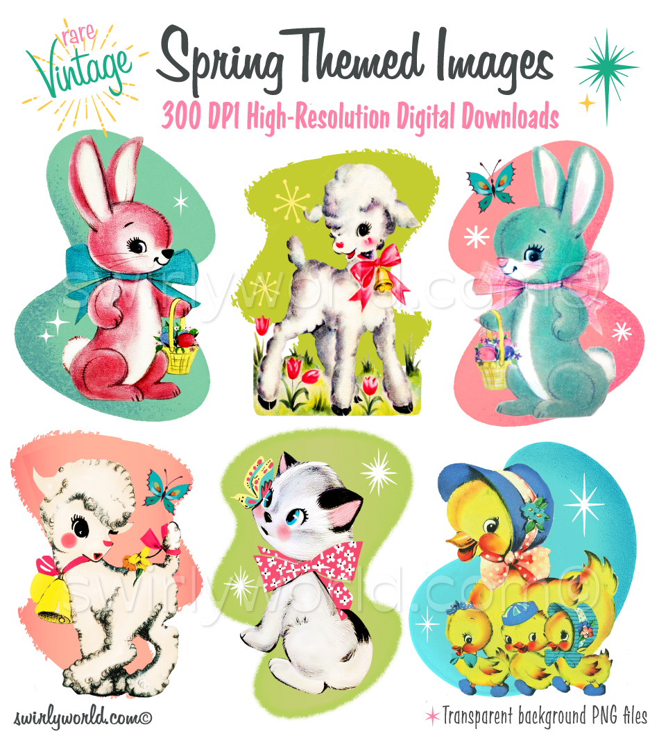 Download rare 1950s–1960s vintage Easter and Spring PNGs with atomic starbursts, pastel retro colors, and mid-century modern charm—perfect for DIY projects.
