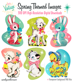 Download rare 1950s–1960s vintage Easter and Spring PNGs with atomic starbursts, pastel retro colors, and mid-century modern charm—perfect for DIY projects.