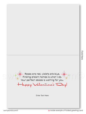 Mid-Century Modern Valentine’s Day Cards for Realtors with Vibrant Desert Scene, Whimsical Hearts