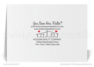 Mid-Century Modern Valentine’s Day Cards for Realtors with Custom Logo Space, Whimsical Hearts, and Vibrant Landscape Design