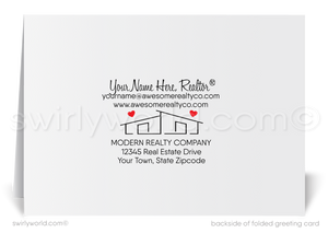 Mid-Century Modern Valentine’s Day Cards for Realtors with Vibrant Desert Scene, Whimsical Hearts