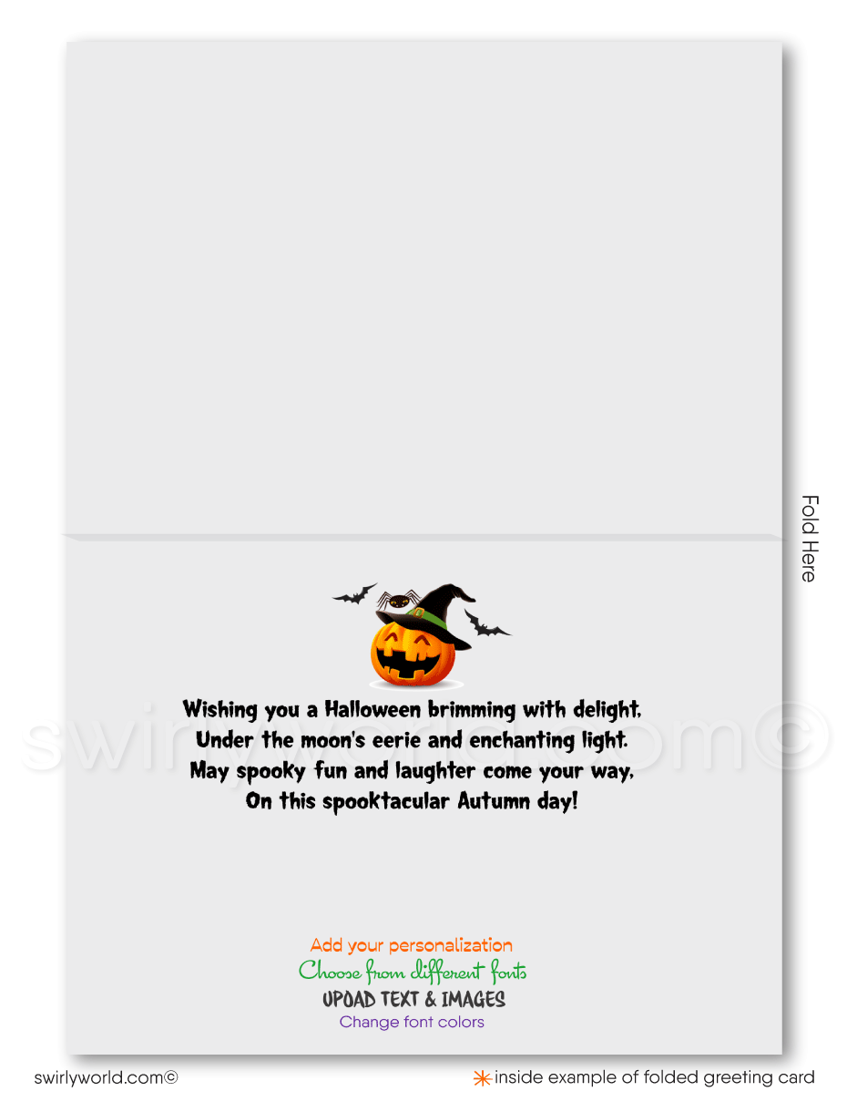 Enchant your clients with Swirly World's Whimsical Haunted House Halloween Greeting Card. Featuring a spooky haunted house and playful trick-or-treaters under a moonlit sky, this card is perfect for expressing warm Halloween wishes and strengthening business relationships. Customizable envelopes available!