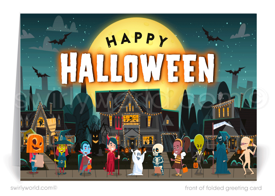 Enchant your clients with Swirly World's Whimsical Haunted House Halloween Greeting Card. Featuring a spooky haunted house and playful trick-or-treaters under a moonlit sky, this card is perfect for expressing warm Halloween wishes and strengthening business relationships. Customizable envelopes available!