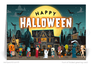 Enchant your clients with Swirly World's Whimsical Haunted House Halloween Greeting Card. Featuring a spooky haunted house and playful trick-or-treaters under a moonlit sky, this card is perfect for expressing warm Halloween wishes and strengthening business relationships. Customizable envelopes available!
