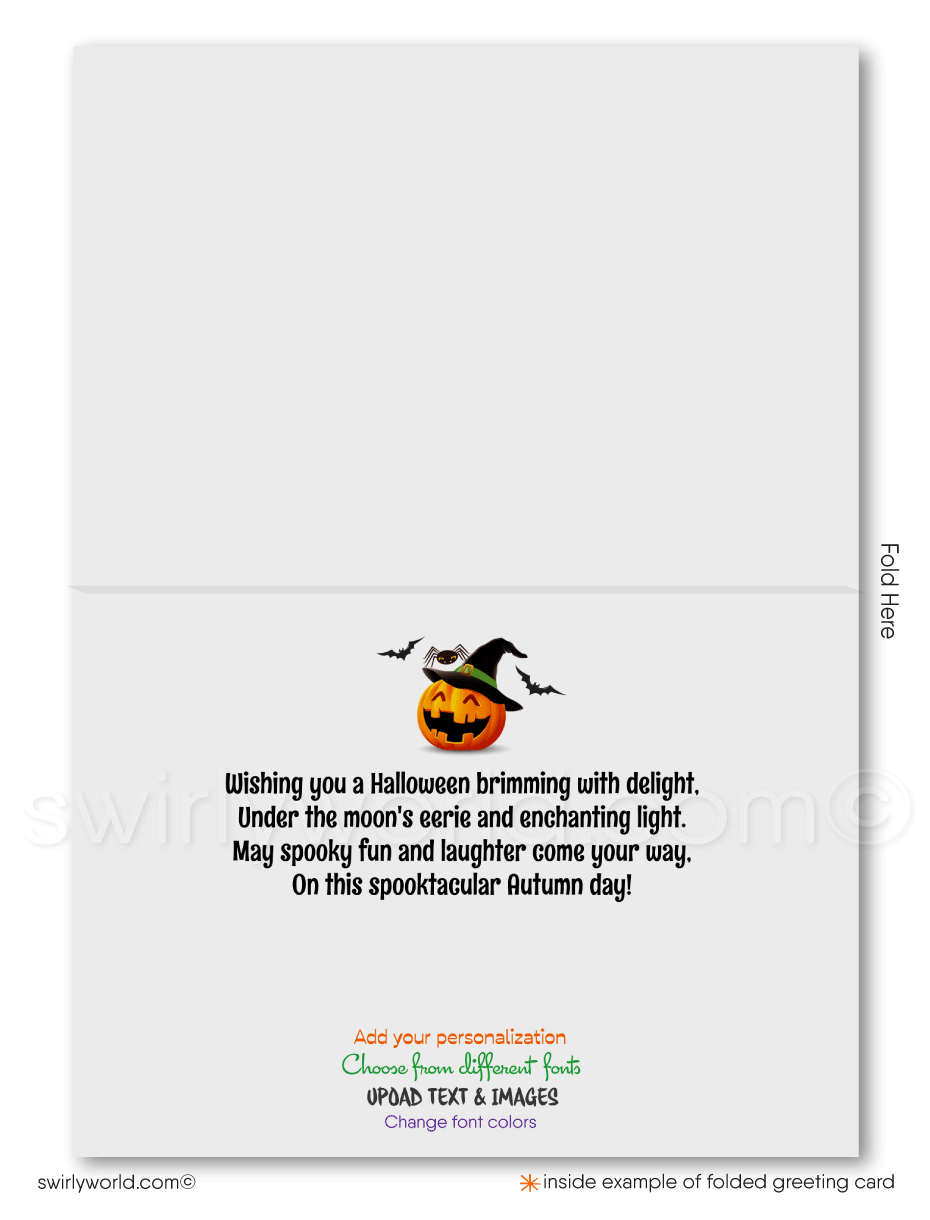 Enchant clients with Swirly World's Realtor-Themed Halloween Greeting Card. Featuring whimsical Halloween-decorated homes and a playful witch flying against a moonlit backdrop, this card is perfect for celebrating the season and strengthening real estate connections. Customizable envelopes available!