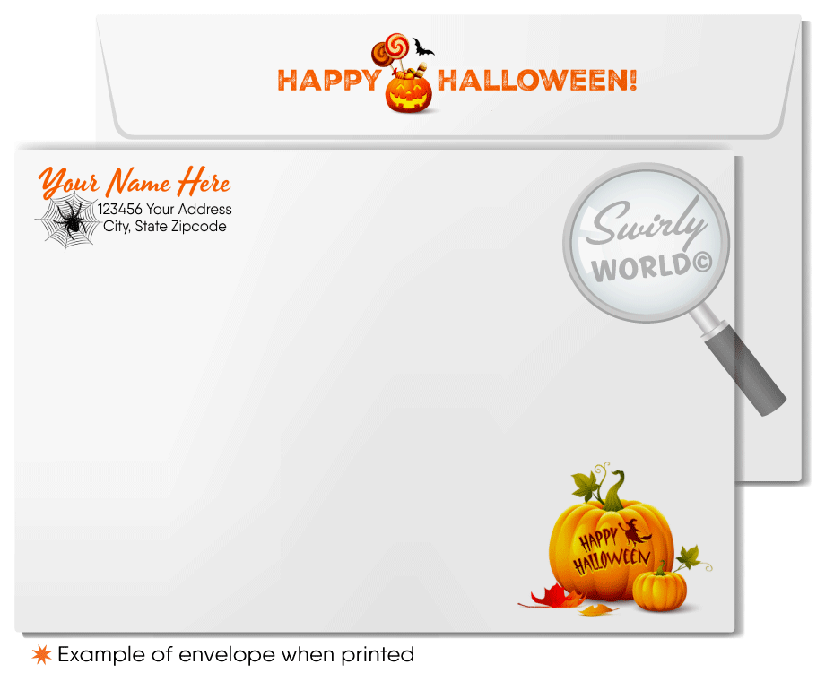 Enchant clients with Swirly World's Realtor-Themed Halloween Greeting Card. Featuring whimsical Halloween-decorated homes and a playful witch flying against a moonlit backdrop, this card is perfect for celebrating the season and strengthening real estate connections. Customizable envelopes available!