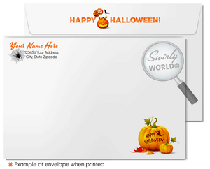 Enchant clients with Swirly World's Realtor-Themed Halloween Greeting Card. Featuring whimsical Halloween-decorated homes and a playful witch flying against a moonlit backdrop, this card is perfect for celebrating the season and strengthening real estate connections. Customizable envelopes available!