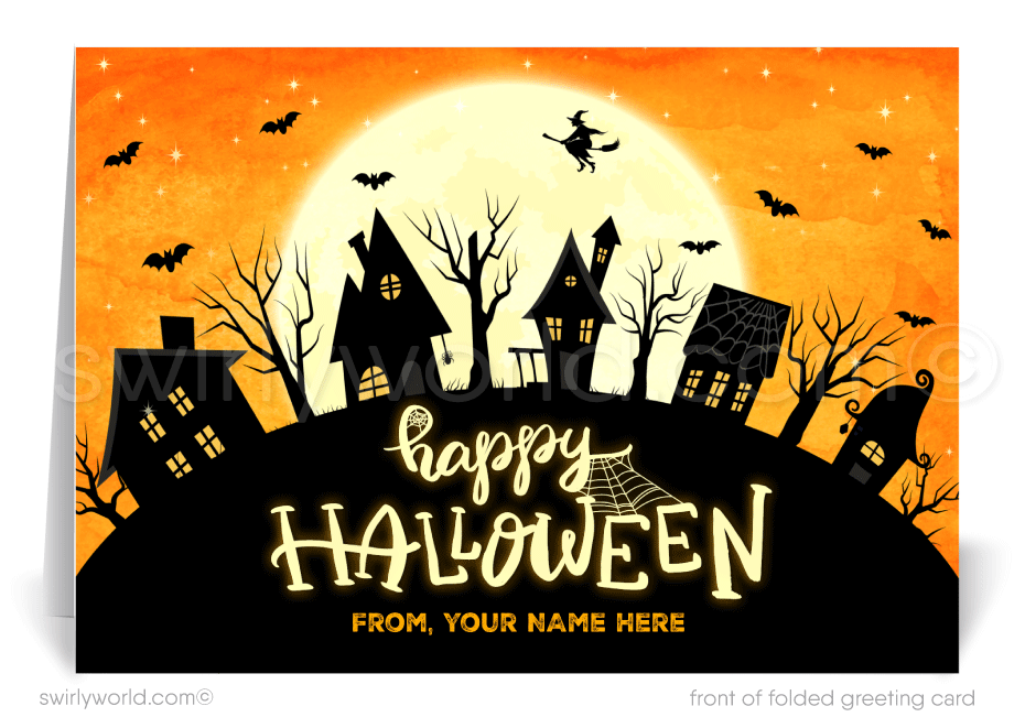Enchant clients with Swirly World's Realtor-Themed Halloween Greeting Card. Featuring whimsical Halloween-decorated homes and a playful witch flying against a moonlit backdrop, this card is perfect for celebrating the season and strengthening real estate connections. Customizable envelopes available!