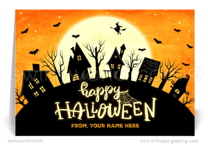 Enchant clients with Swirly World's Realtor-Themed Halloween Greeting Card. Featuring whimsical Halloween-decorated homes and a playful witch flying against a moonlit backdrop, this card is perfect for celebrating the season and strengthening real estate connections. Customizable envelopes available!