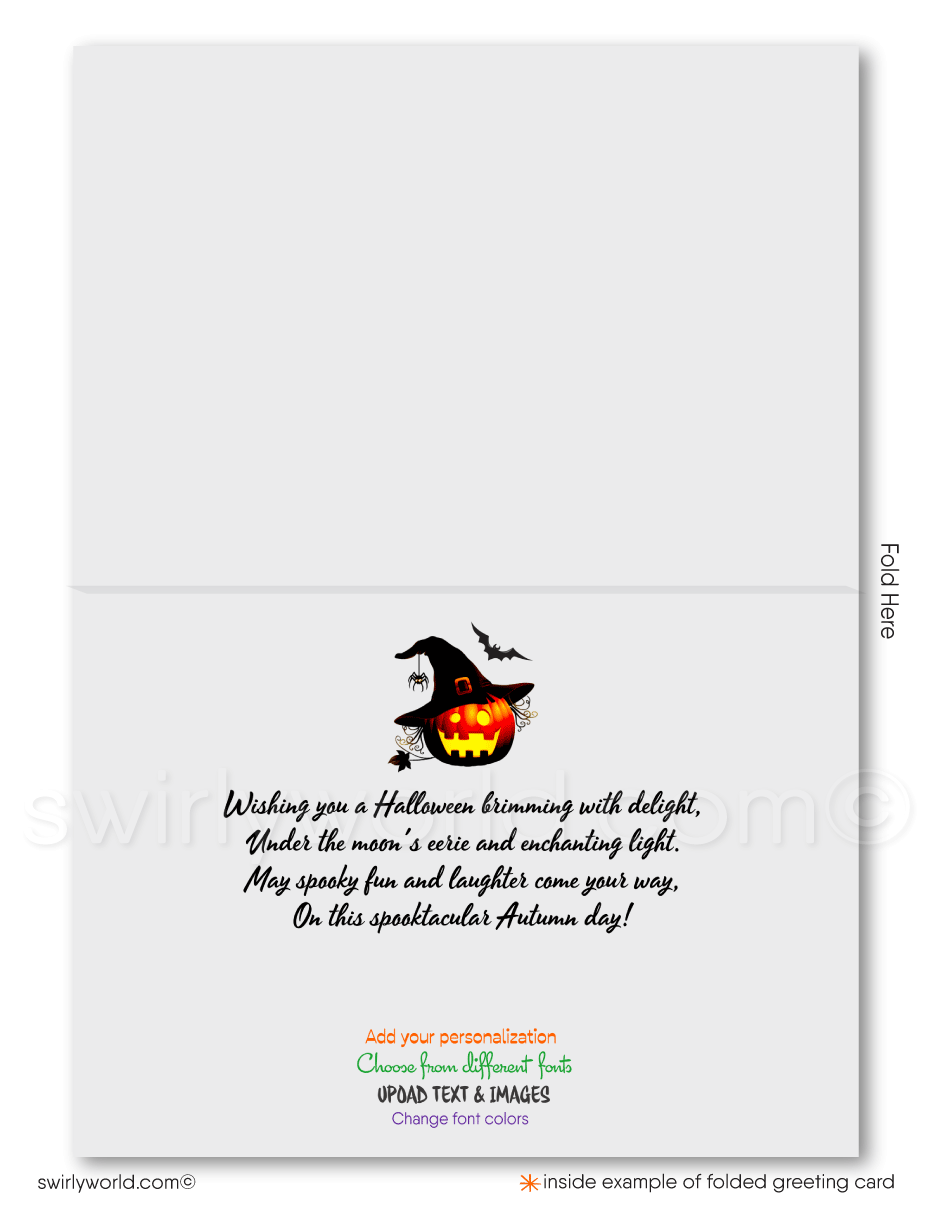 Enchant your clients with Swirly World's Whimsical Digital Halloween Greeting Card. Featuring a spooky haunted house and playful trick-or-treaters under a moonlit sky, this card is perfect for sending festive Halloween wishes. Printed versions with matching envelopes also available!