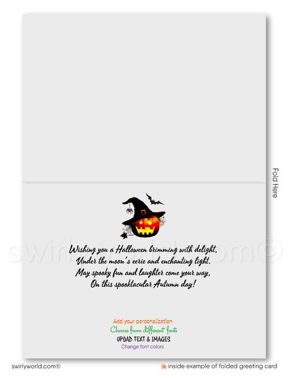 Enchant your clients with Swirly World's Whimsical Digital Halloween Greeting Card. Featuring a spooky haunted house and playful trick-or-treaters under a moonlit sky, this card is perfect for sending festive Halloween wishes. Printed versions with matching envelopes also available!